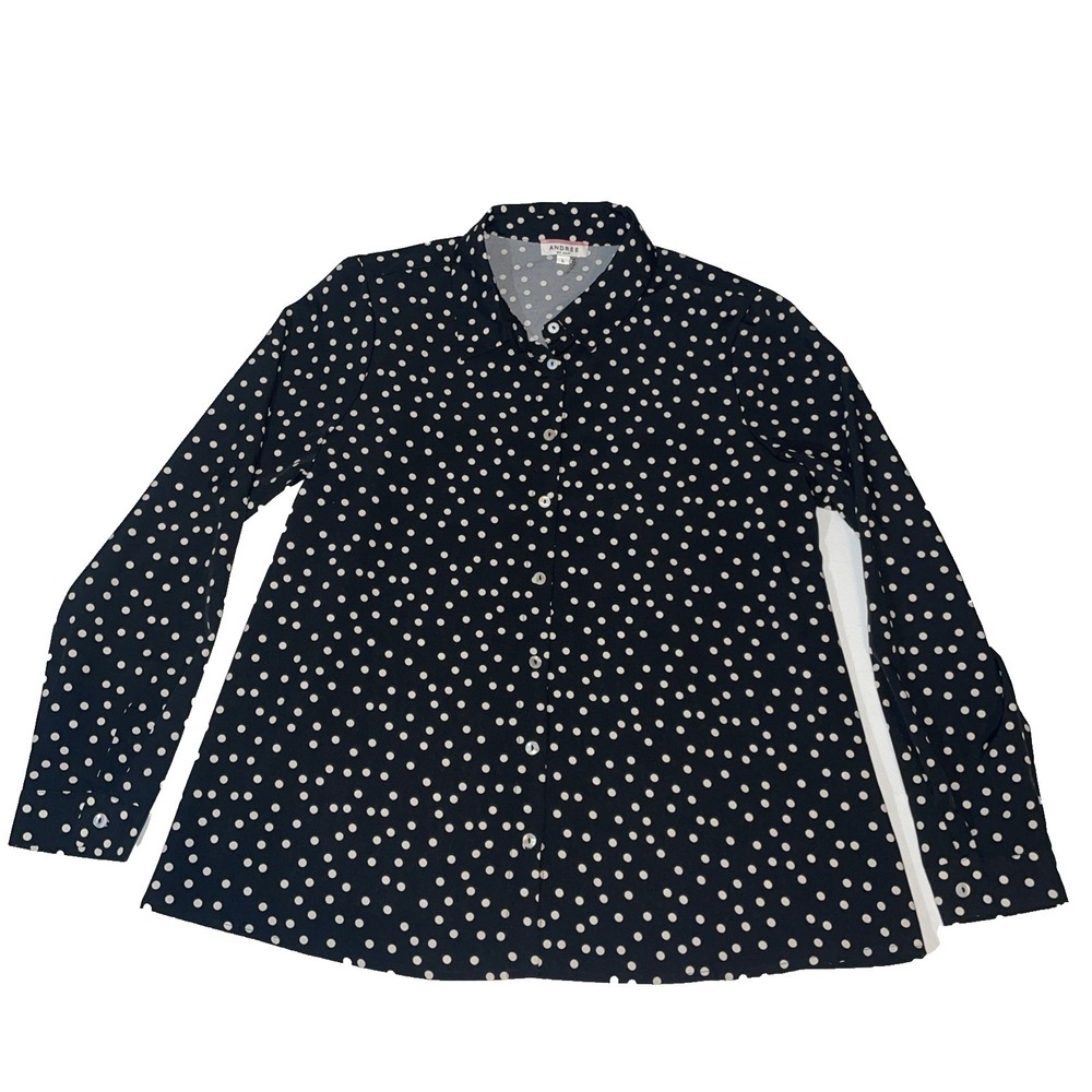 Andree by Unit Polka Dot Black Long Sleeve Button Down Blouse Size L